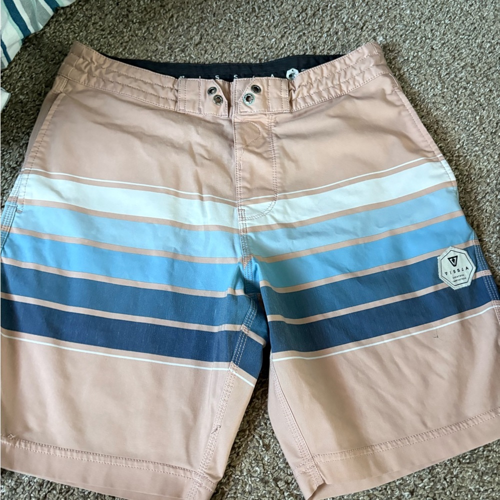 VISSLA Blue and Tan Board Shorts with Striking Stripes